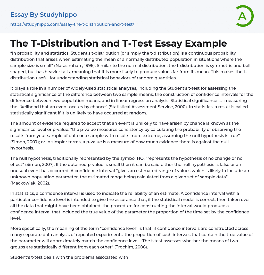 The T-Distribution and T-Test Essay Example