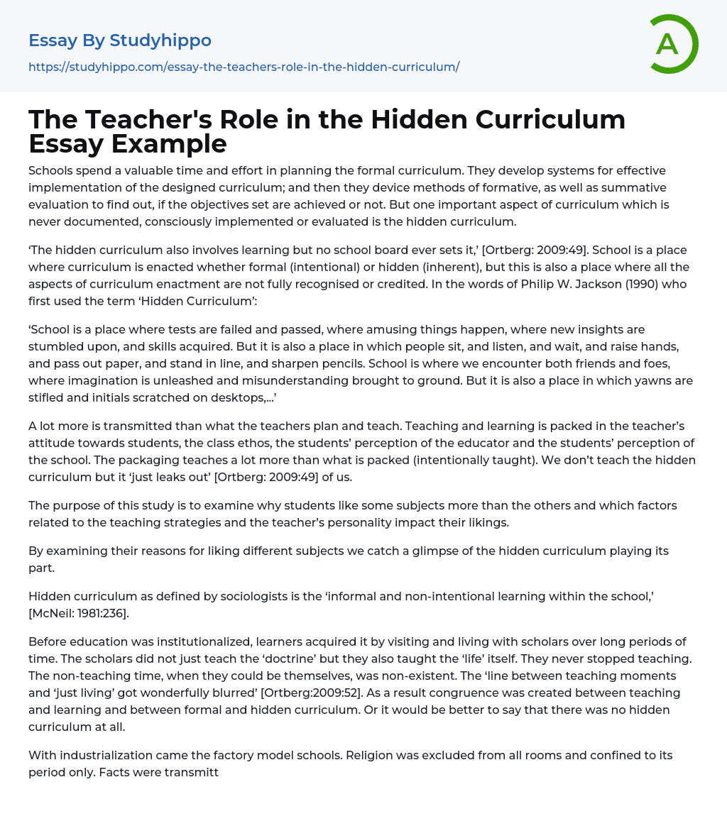 The Teacher’s Role in the Hidden Curriculum Essay Example