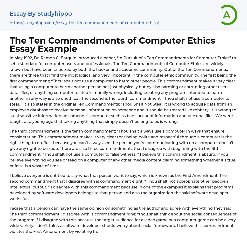 The Ten Commandments Of Computer Ethics Essay Example StudyHippo