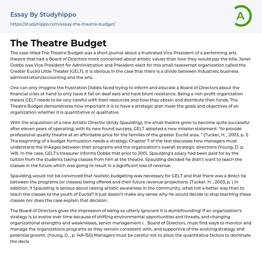 The Theatre Budget Essay Example