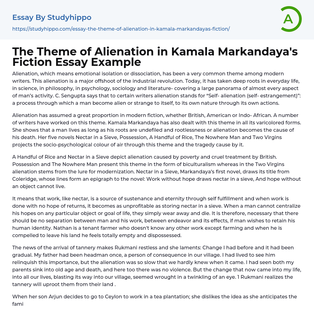 The Theme of Alienation in Kamala Markandaya’s Fiction Essay Example