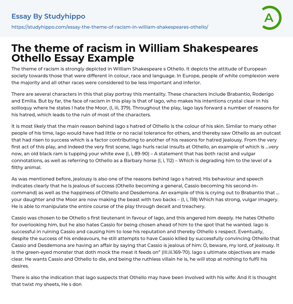 The theme of racism in William Shakespeares Othello Essay Example
