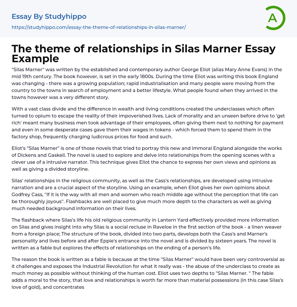 The theme of relationships in Silas Marner Essay Example