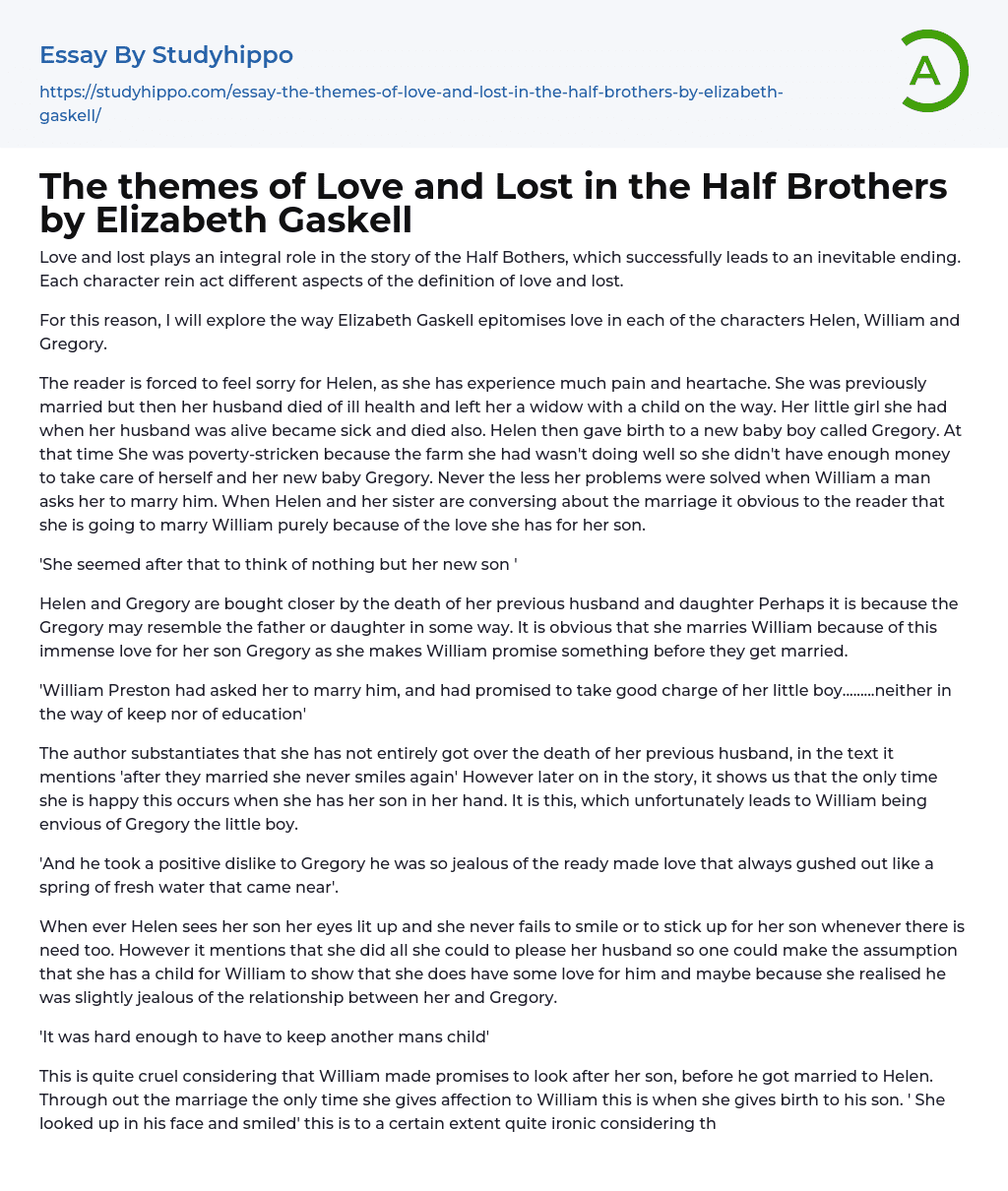 The themes of Love and Lost in the Half Brothers by Elizabeth Gaskell Essay Example