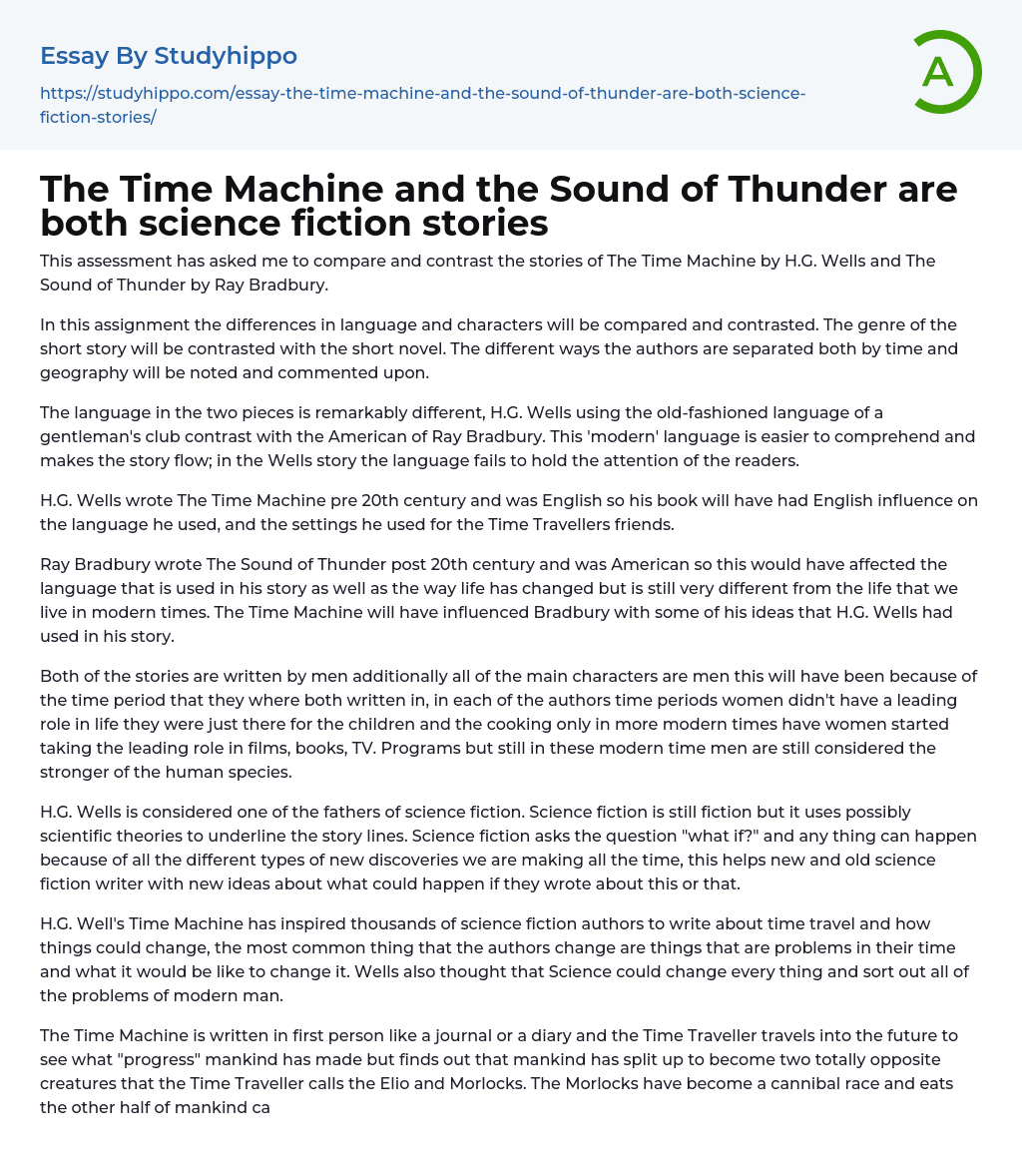 The Time Machine and the Sound of Thunder are both science fiction stories Essay Example