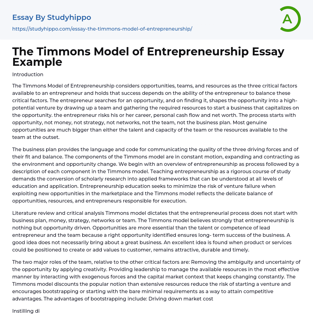 The Timmons Model of Entrepreneurship Essay Example