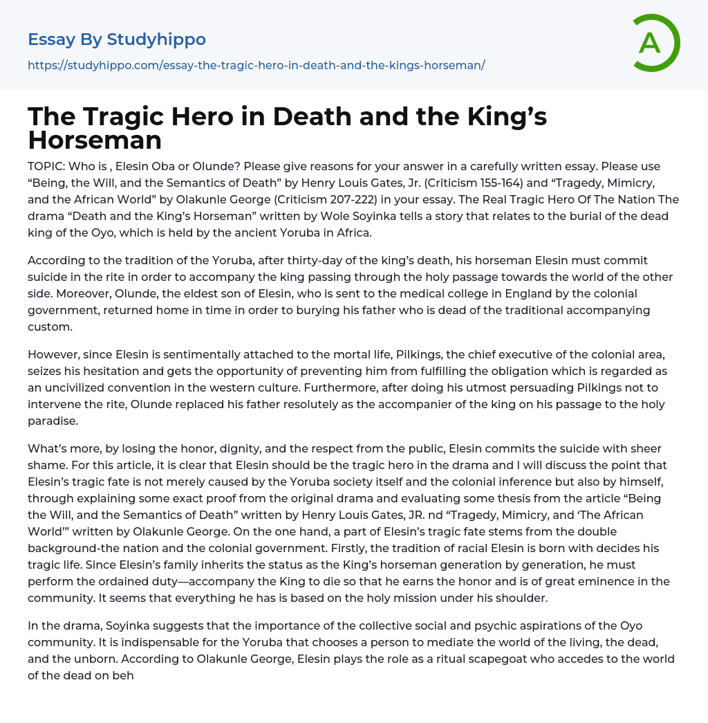 The Tragic Hero in Death and the King’s Horseman Essay Example