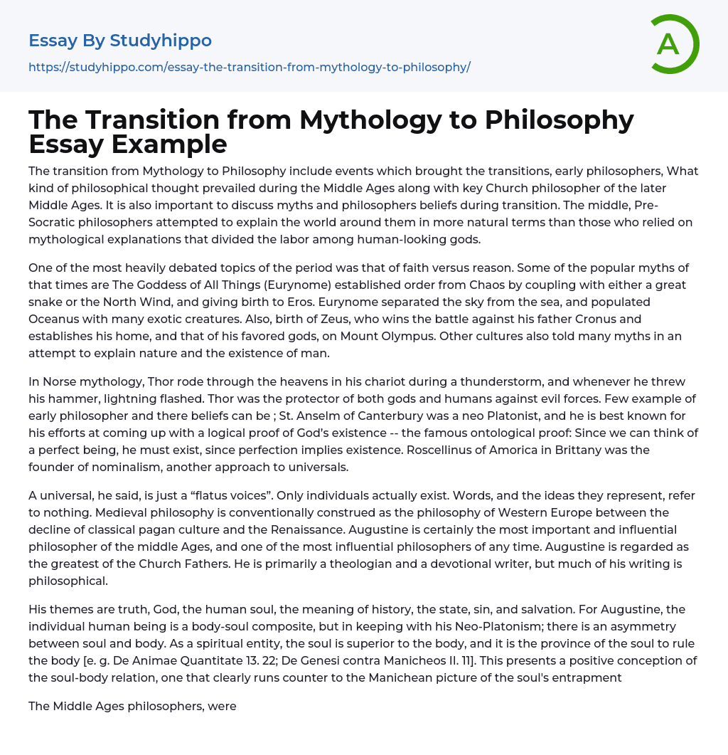 The Transition from Mythology to Philosophy Essay Example