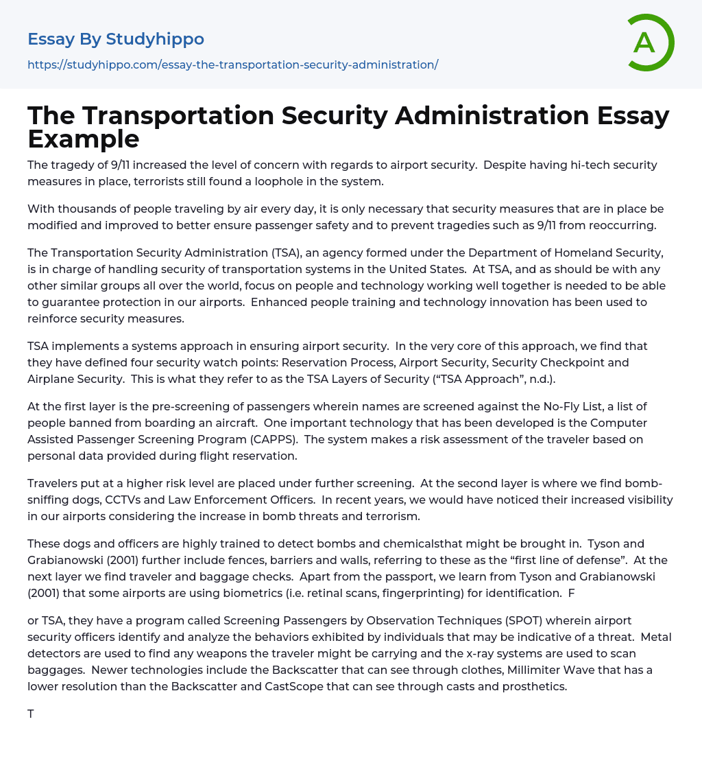 The Transportation Security Administration Essay Example