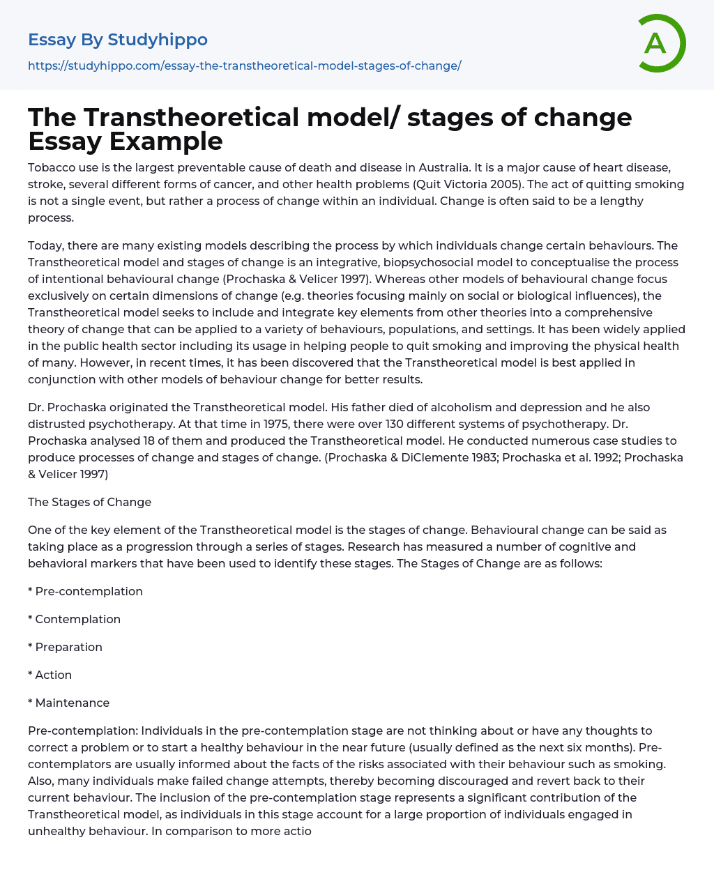 The Transtheoretical model/ stages of change Essay Example