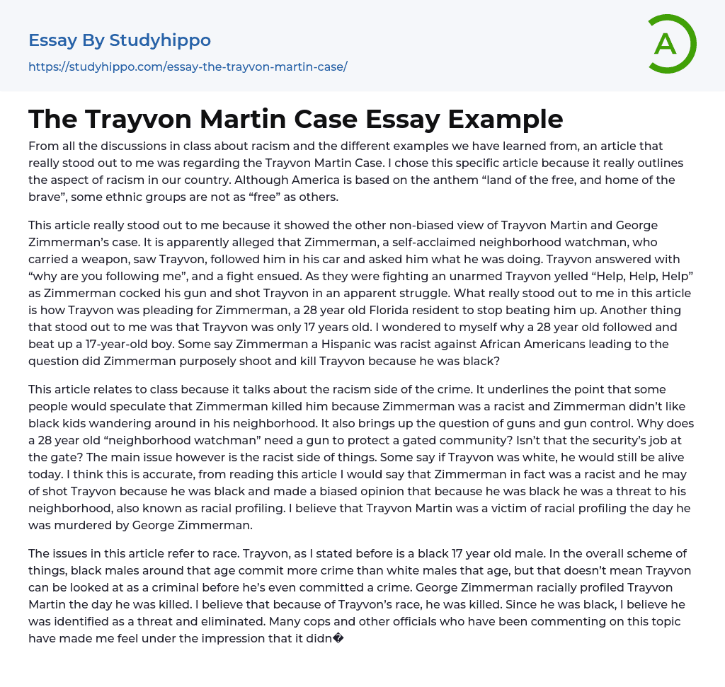 The Trayvon Martin Case Essay Example