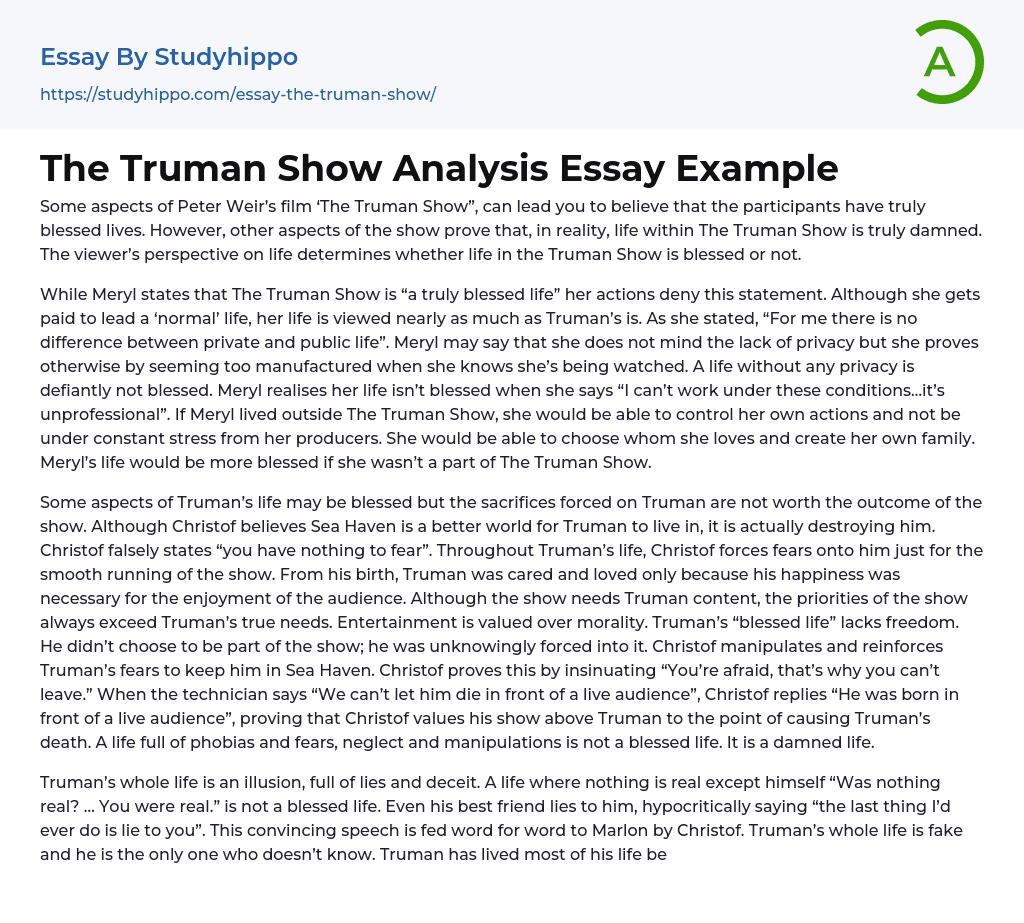 The Truman Show Analysis Essay Example