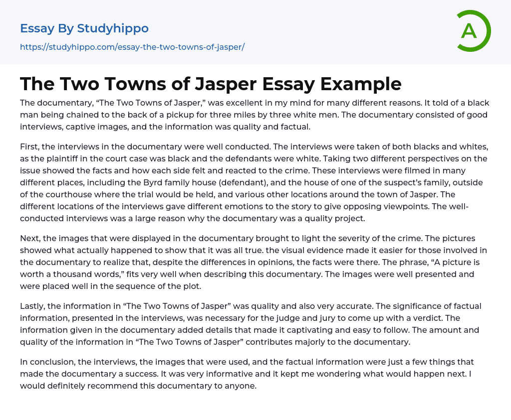 The Two Towns of Jasper Essay Example