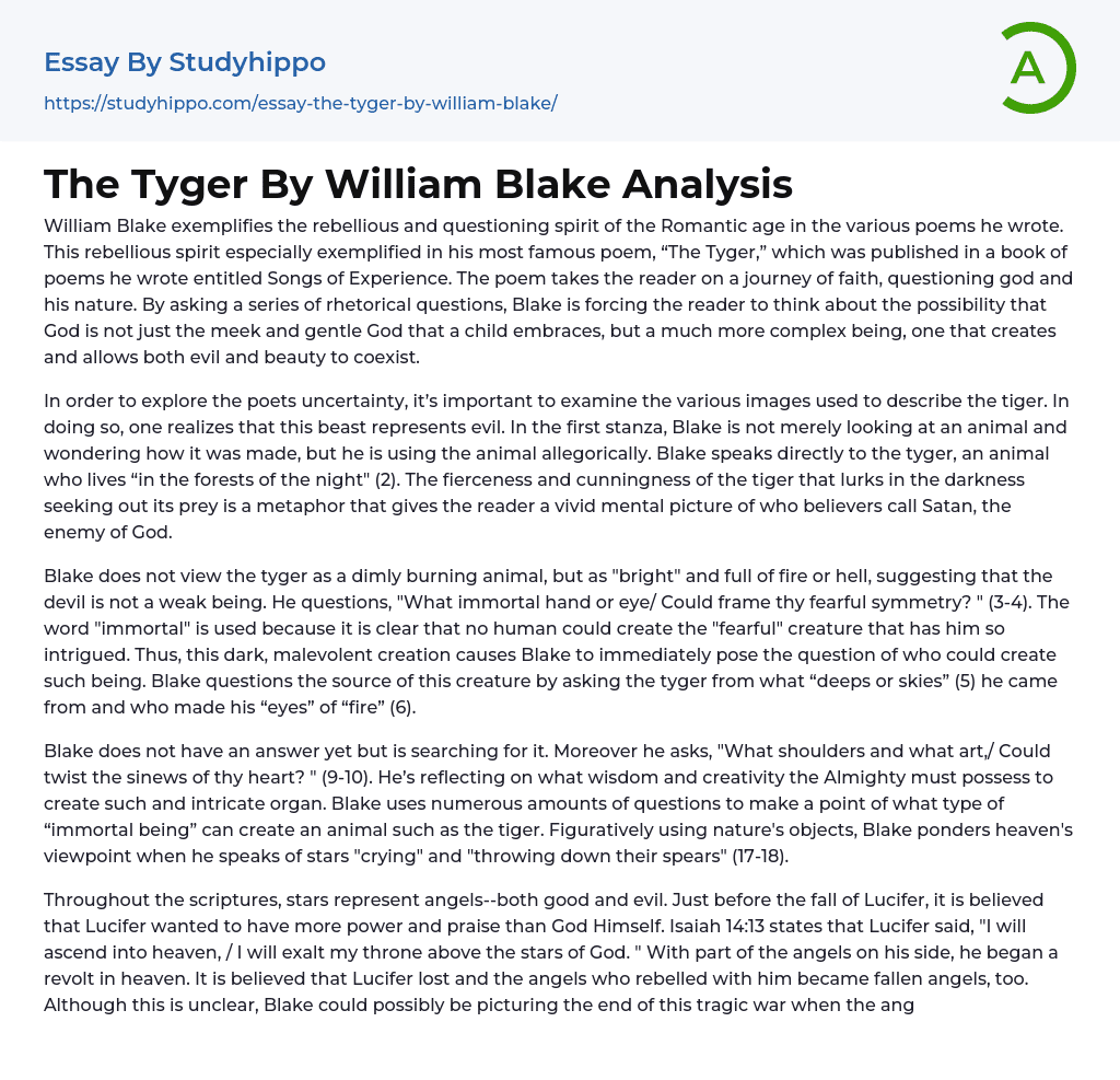 The Tyger By William Blake Analysis Essay Example
