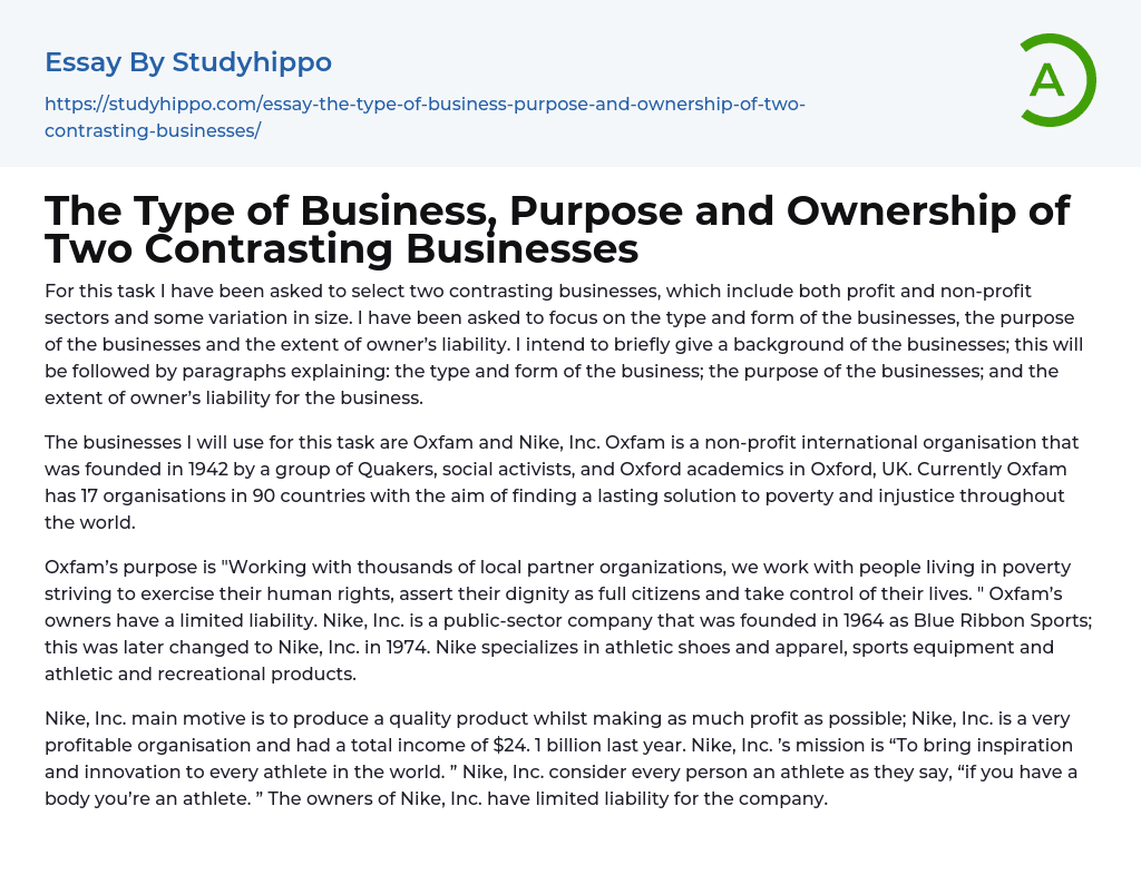 The Type of Business, Purpose and Ownership of Two Contrasting Businesses Essay Example