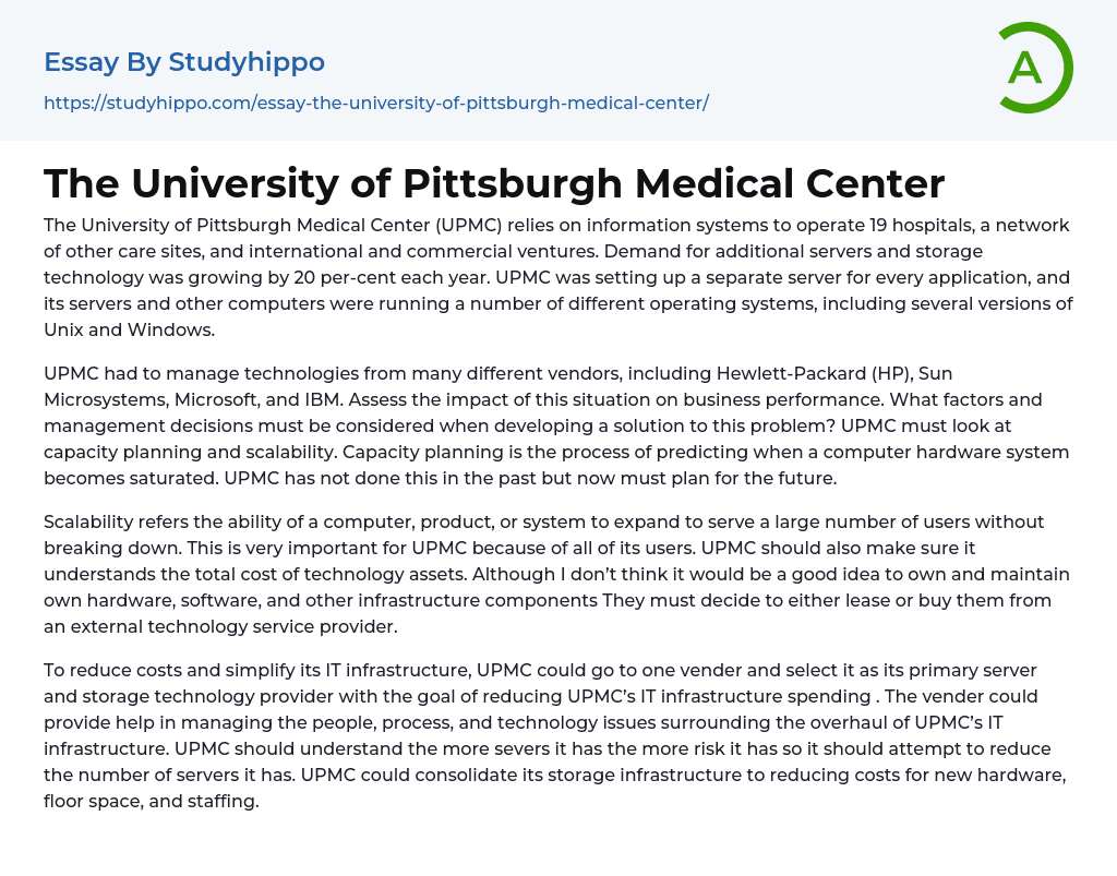 The University of Pittsburgh Medical Center Essay Example
