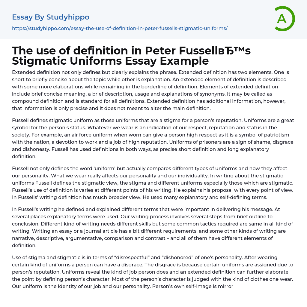 The use of definition in Peter Fussell’s Stigmatic Uniforms Essay Example