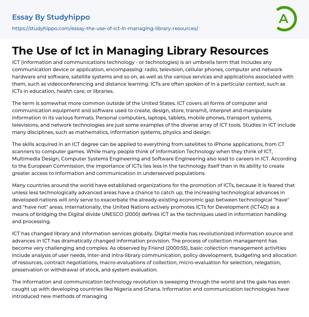 The Use of Ict in Managing Library Resources Essay Example