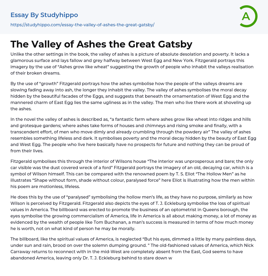 The Valley of Ashes the Great Gatsby Essay Example