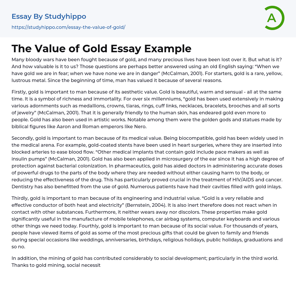The Value of Gold Essay Example