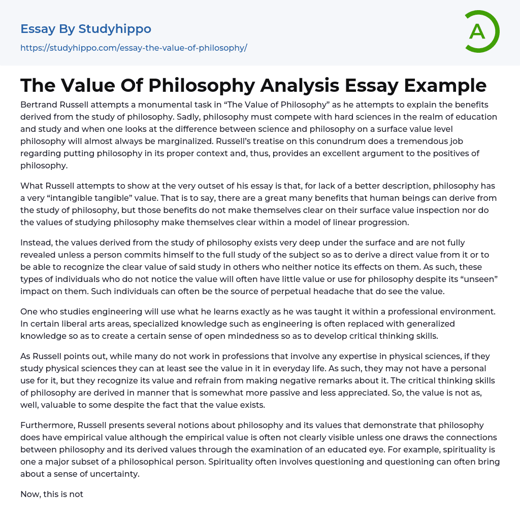 The Value Of Philosophy Analysis Essay Example