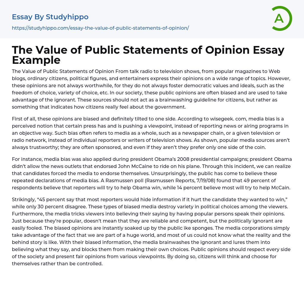 The Value of Public Statements of Opinion Essay Example