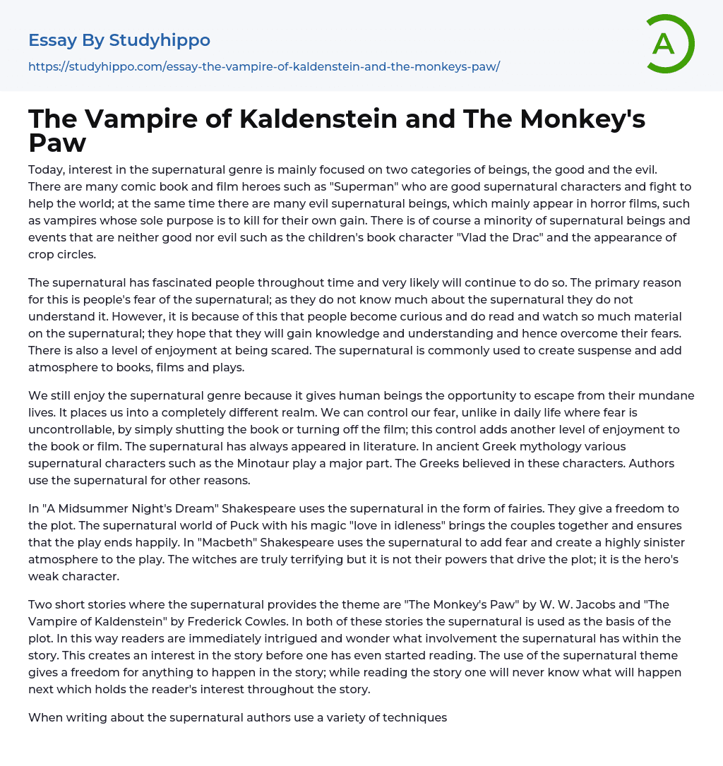 The Vampire of Kaldenstein and The Monkey’s Paw Essay Example