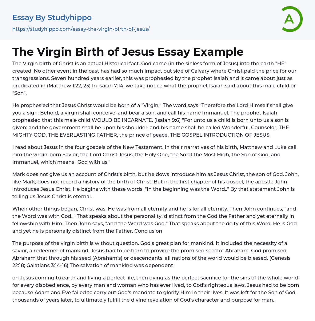 The Virgin Birth of Jesus Essay Example