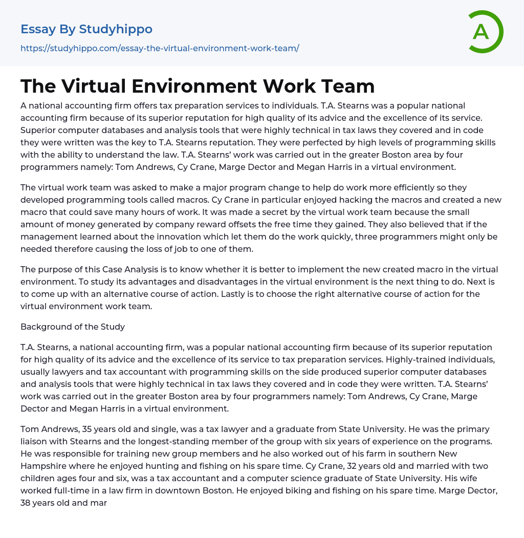 The Virtual Environment Work Team Essay Example