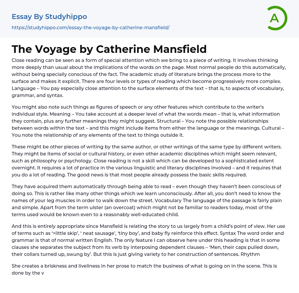 The Voyage by Catherine Mansfield Essay Example
