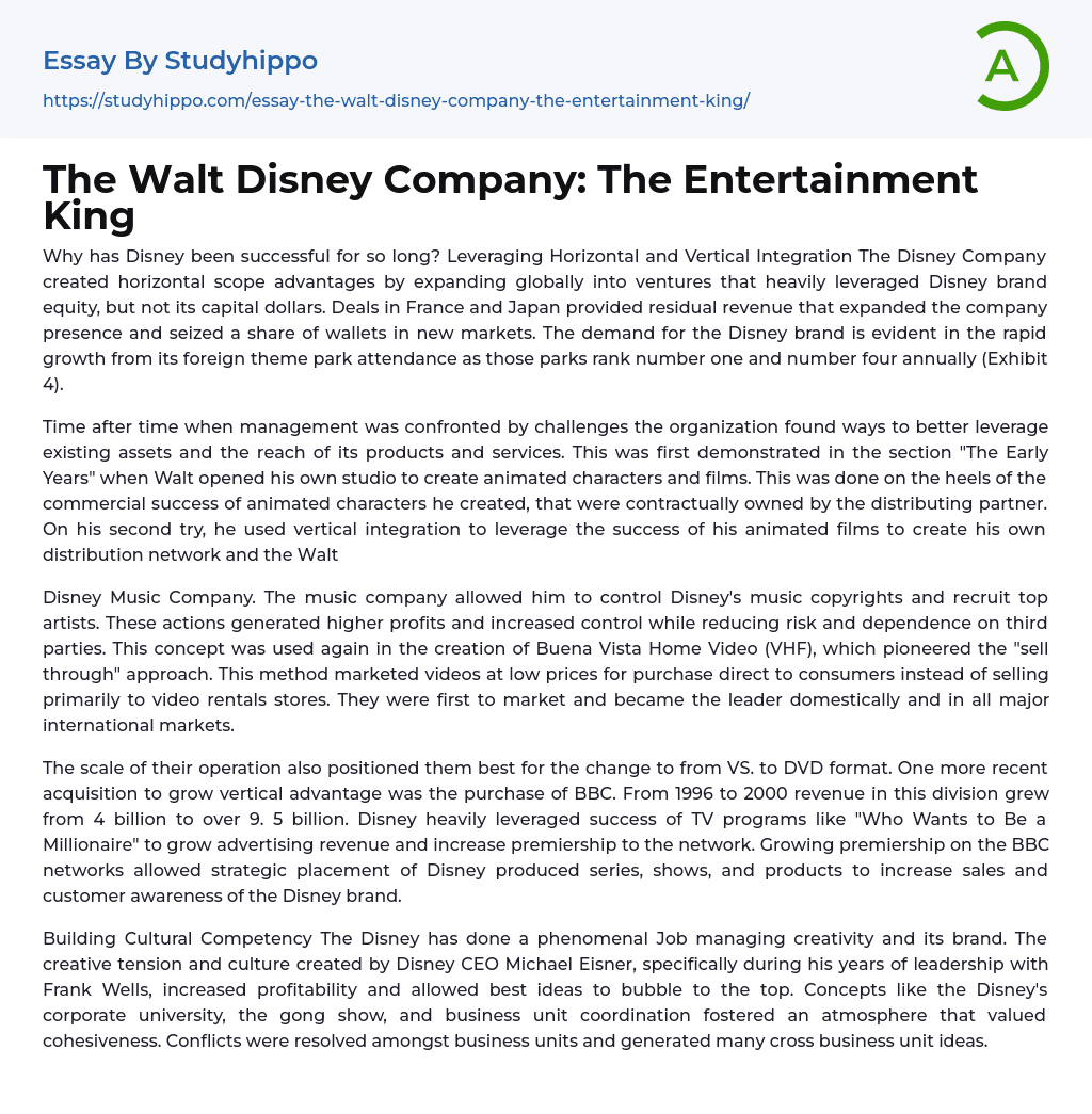 The Walt Disney Company: The Entertainment King Essay Example