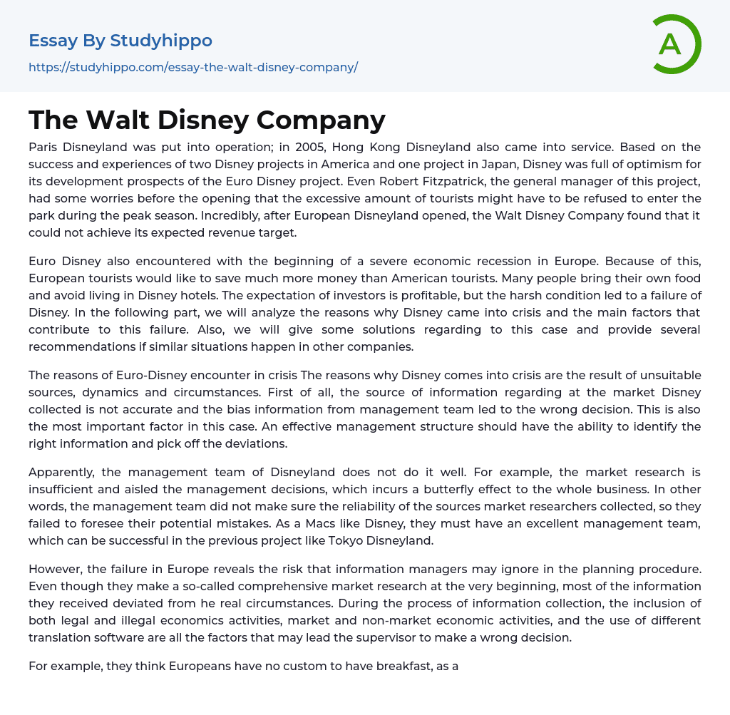 The Walt Disney Company Essay Example