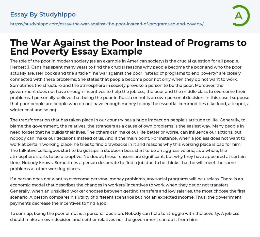 The War Against the Poor Instead of Programs to End Poverty Essay Example