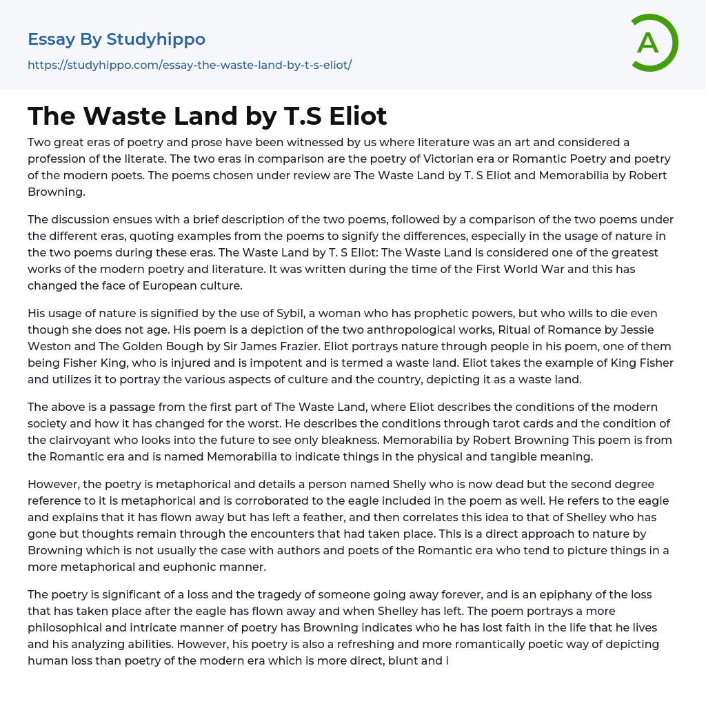 The Waste Land by T.S Eliot Essay Example