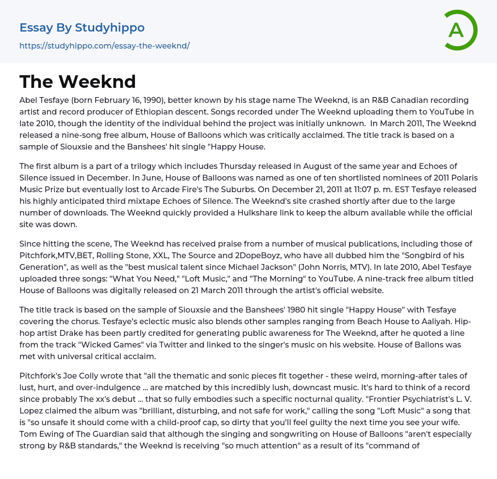 The Weeknd Essay Example