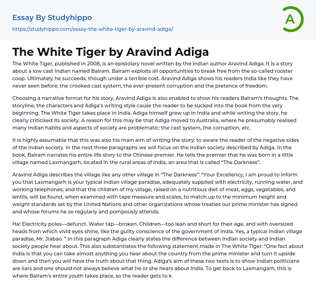 The White Tiger by Aravind Adiga Essay Example