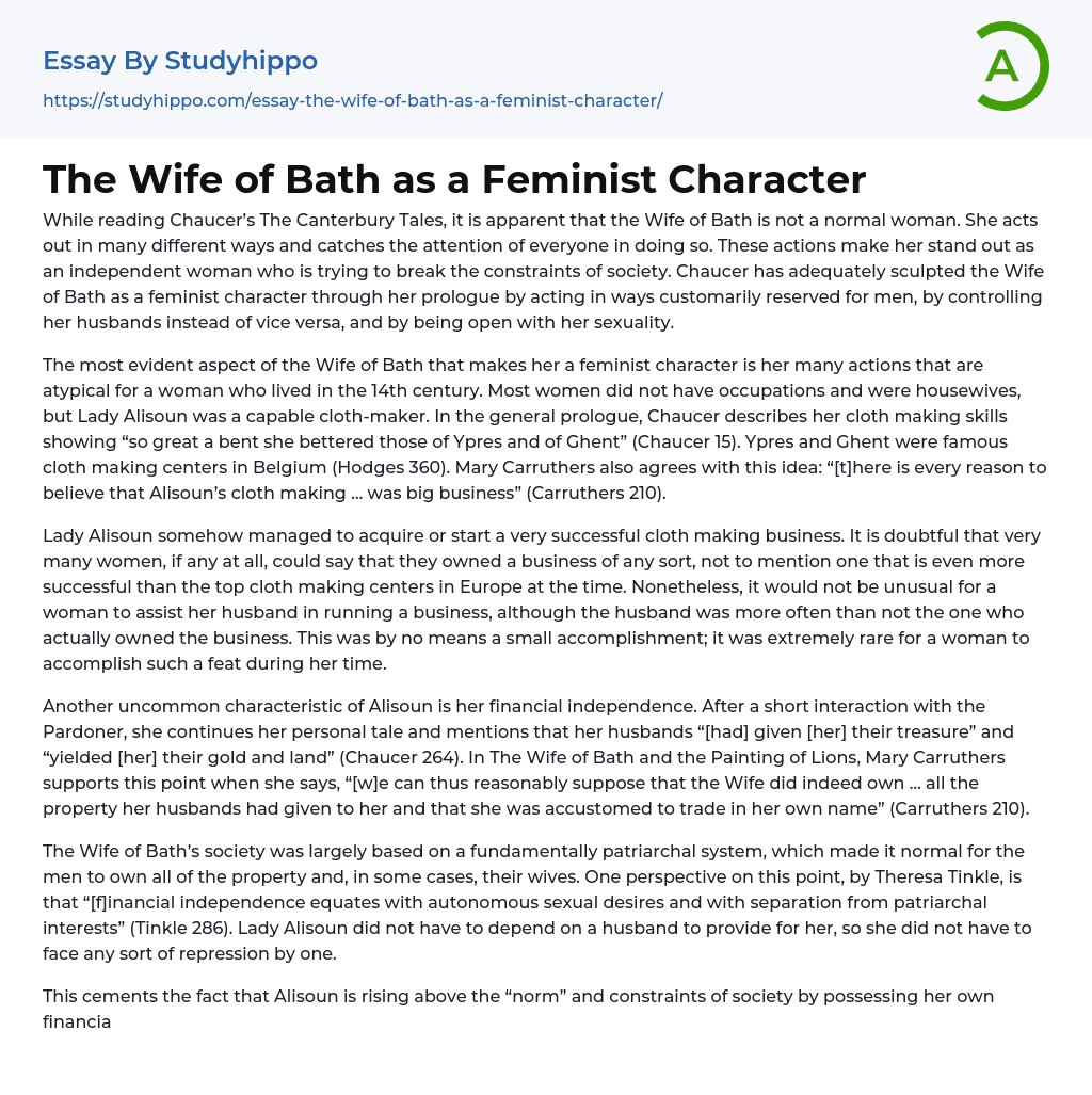 The Wife of Bath as a Feminist Character Essay Example
