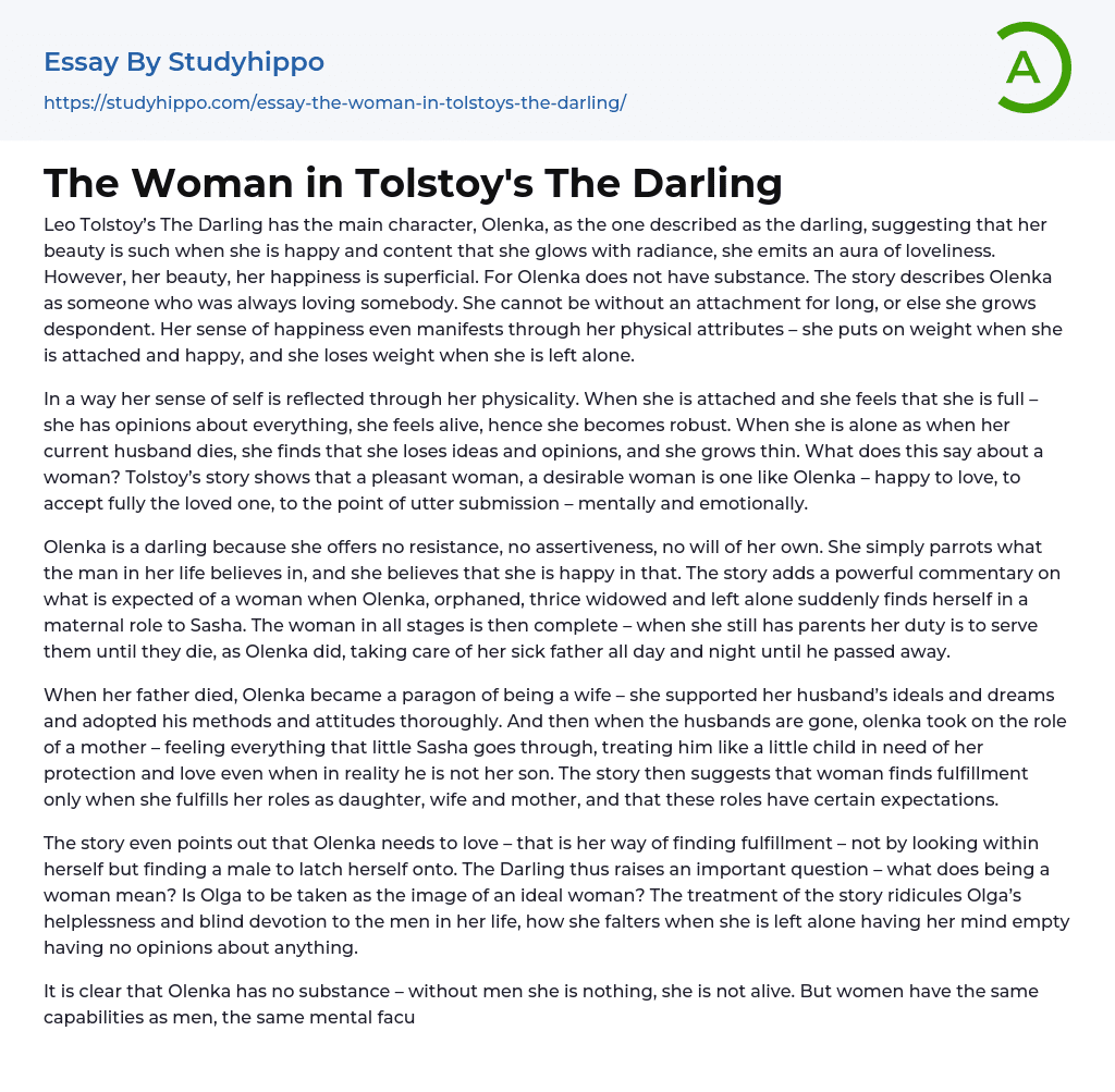 The Woman in Tolstoy’s The Darling Essay Example