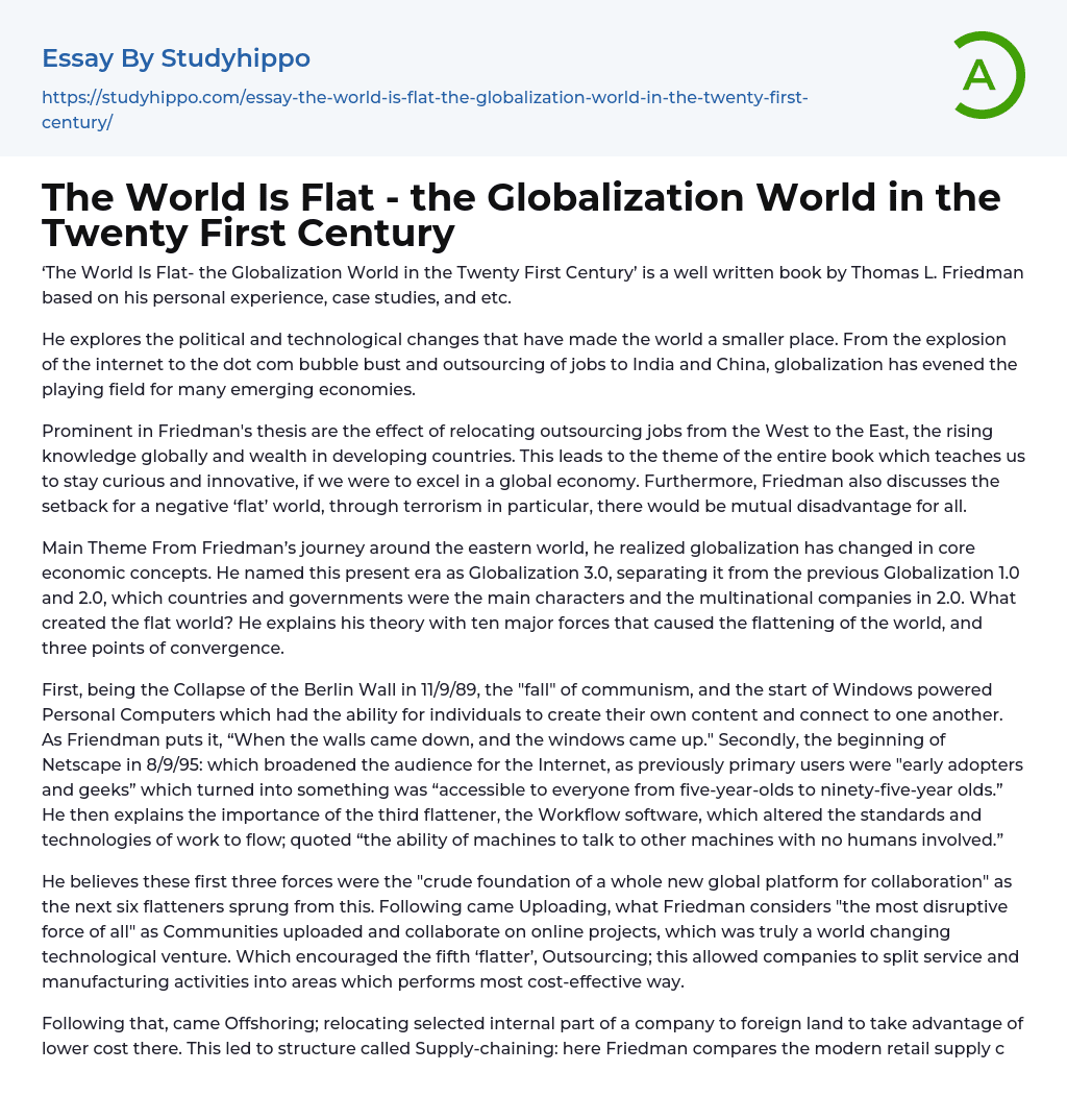 The World Is Flat – the Globalization World in the Twenty First Century Essay Example