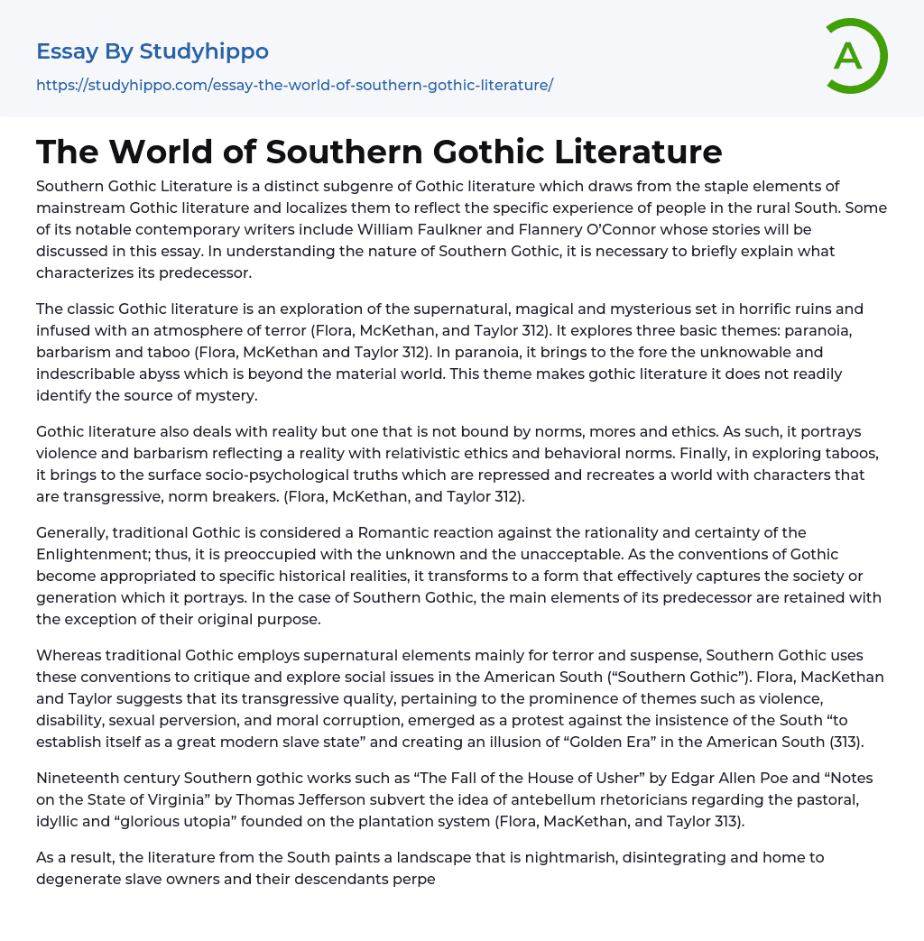 The World of Southern Gothic Literature Essay Example