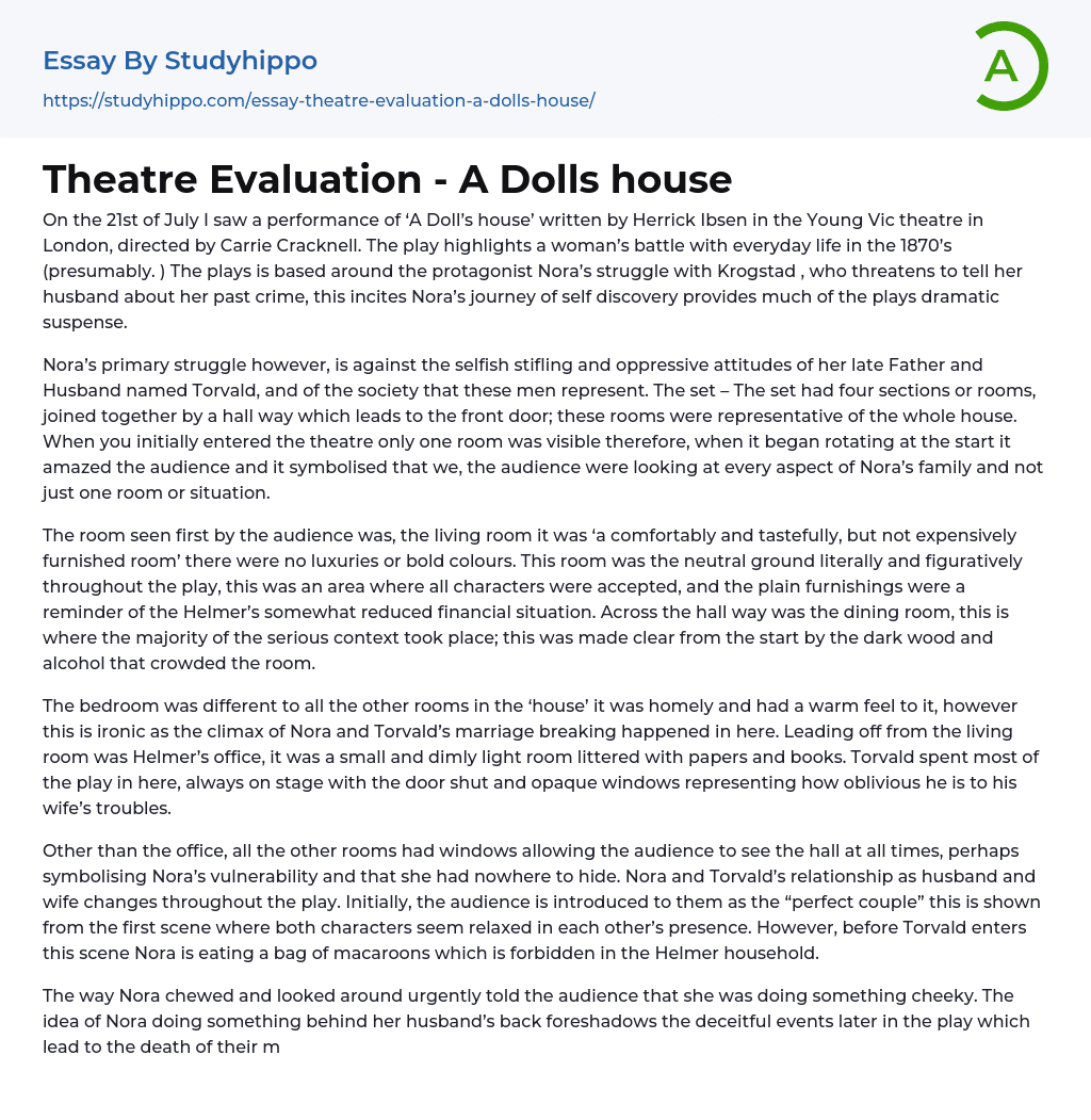 Theatre Evaluation – A Dolls house Essay Example