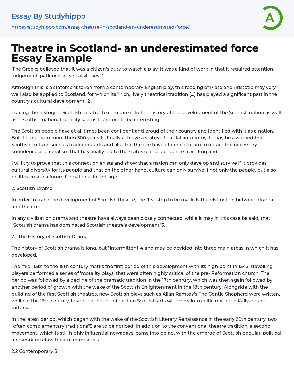 Theatre in Scotland- an underestimated force Essay Example