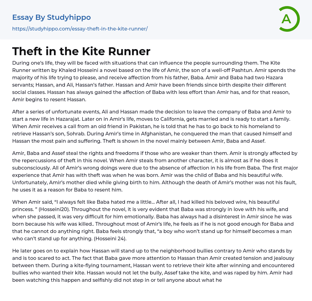 Theft in the Kite Runner Essay Example