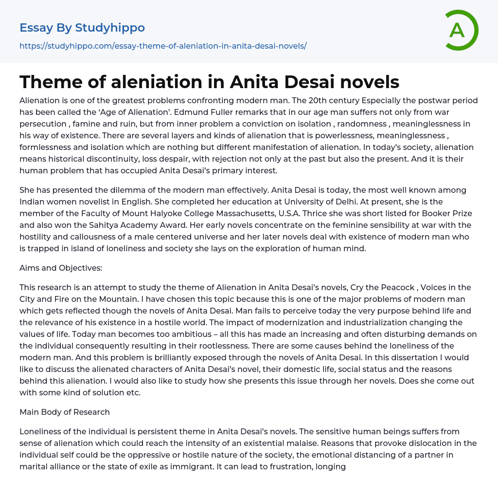Theme of aleniation in Anita Desai novels Essay Example