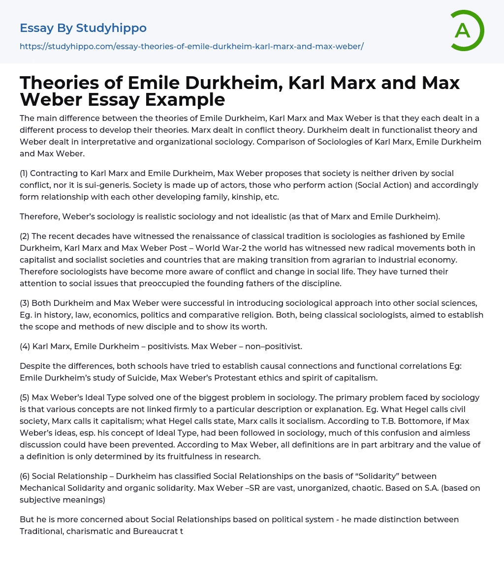 Theories of Emile Durkheim, Karl Marx and Max Weber Essay Example