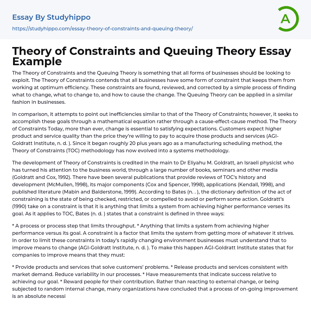 Theory of Constraints and Queuing Theory Essay Example