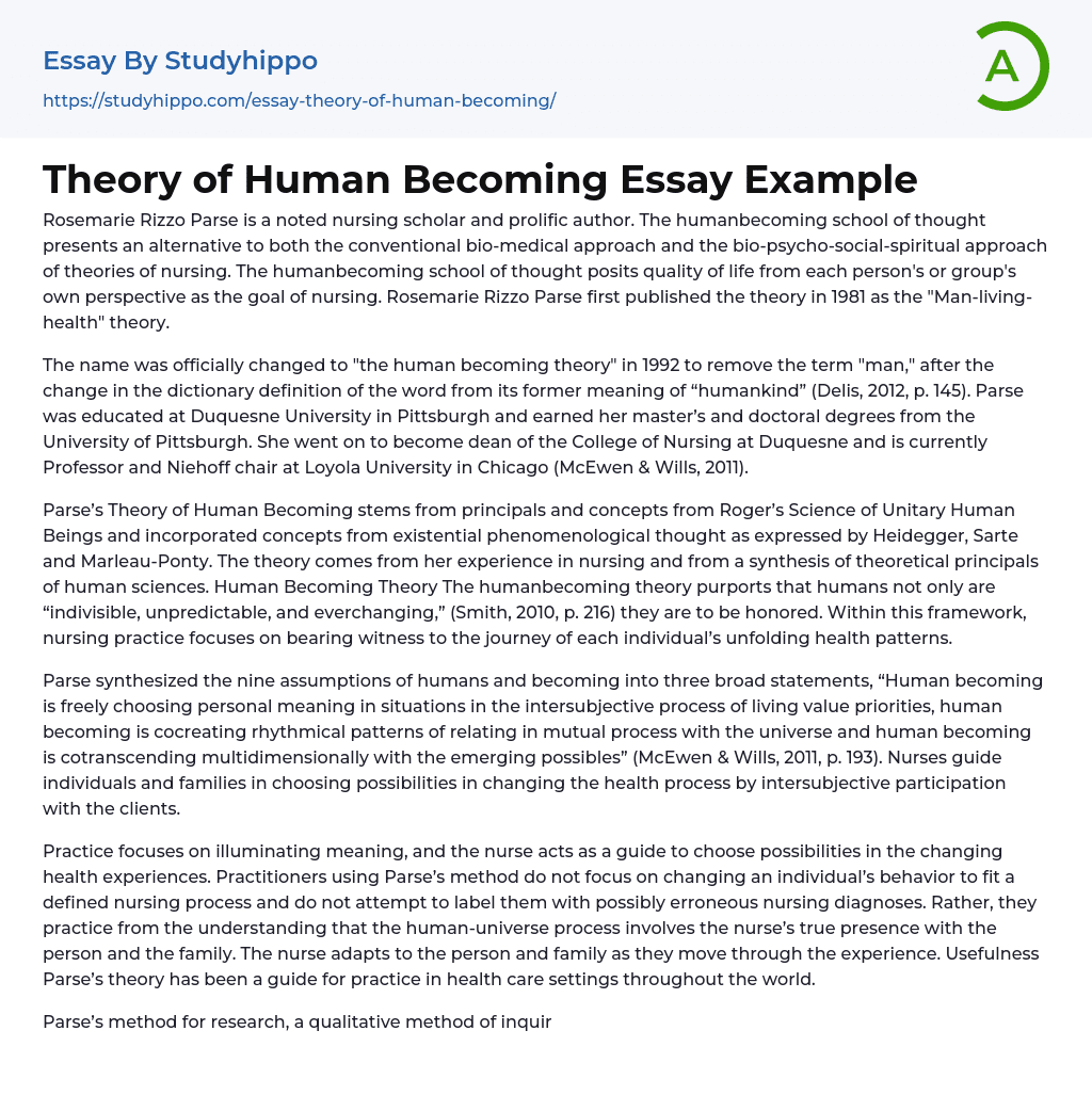Theory of Human Becoming Essay Example