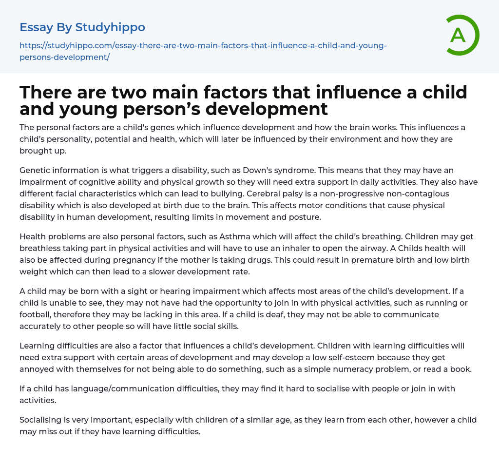 There are two main factors that influence a child and young person’s development Essay Example