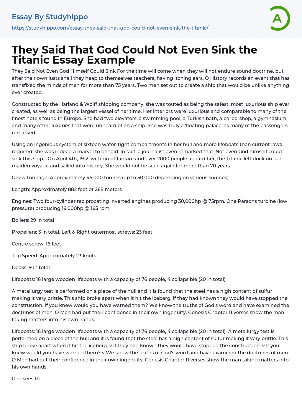 They Said That God Could Not Even Sink the Titanic Essay Example
