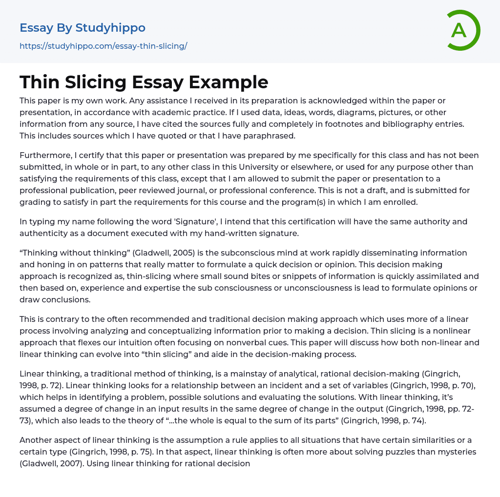 Thin Slicing Essay Example